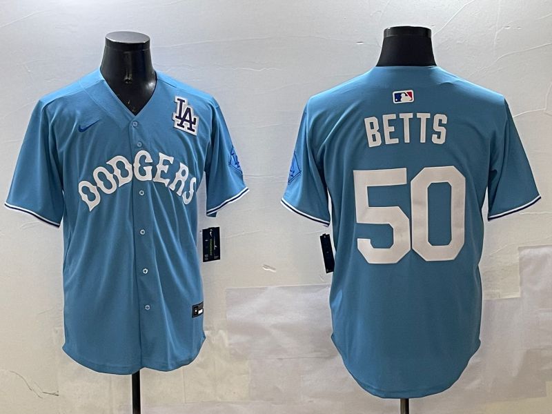 Men Los Angeles Dodgers 50 Betts Light Blue Throwback Game 2025 Nike MLB Jersey style 7
